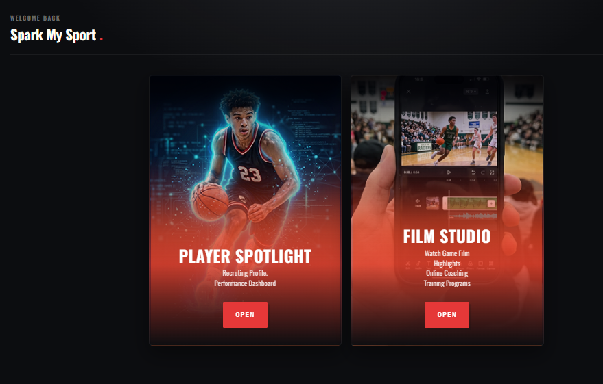 Spark My Sport home screen with Player Spotlight and Film Studio.