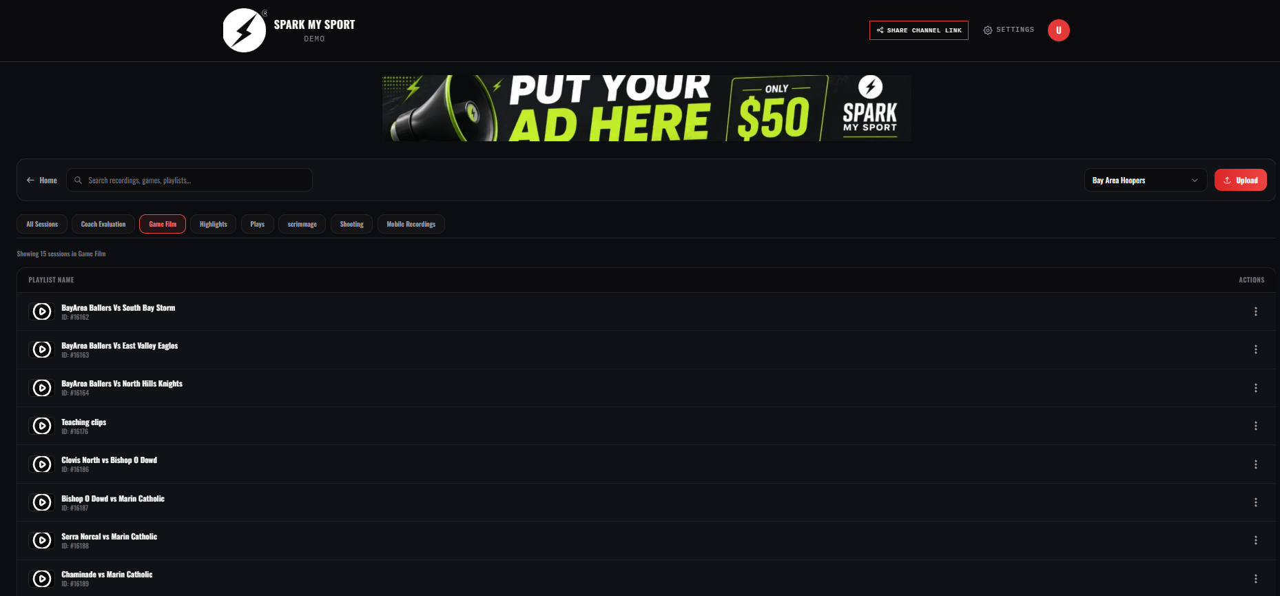 Film Studio channel with all game film sessions organized in one place.
