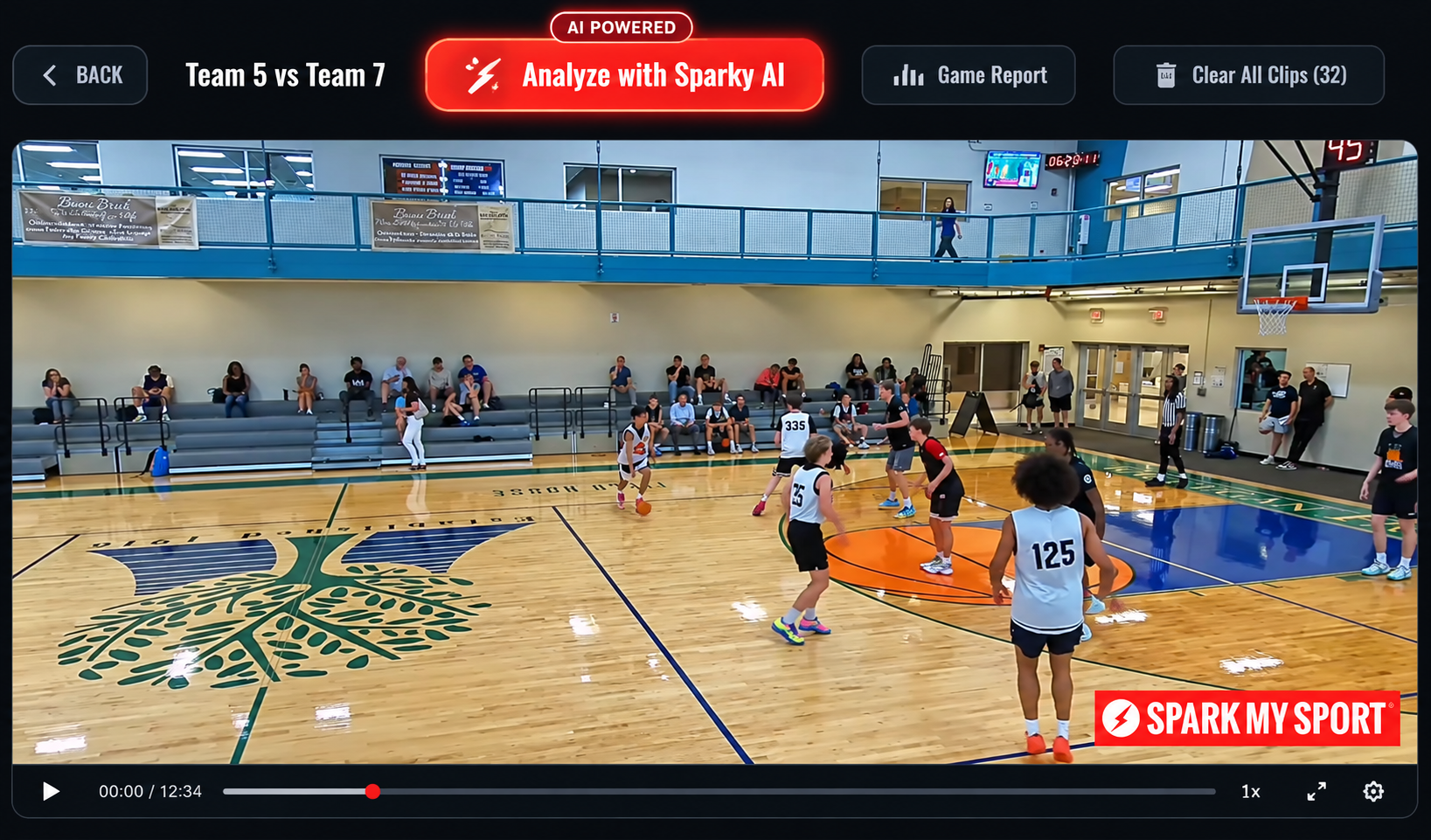 AI Powered Analyze with Sparky AI button above a game film clip in Spark My Sport.